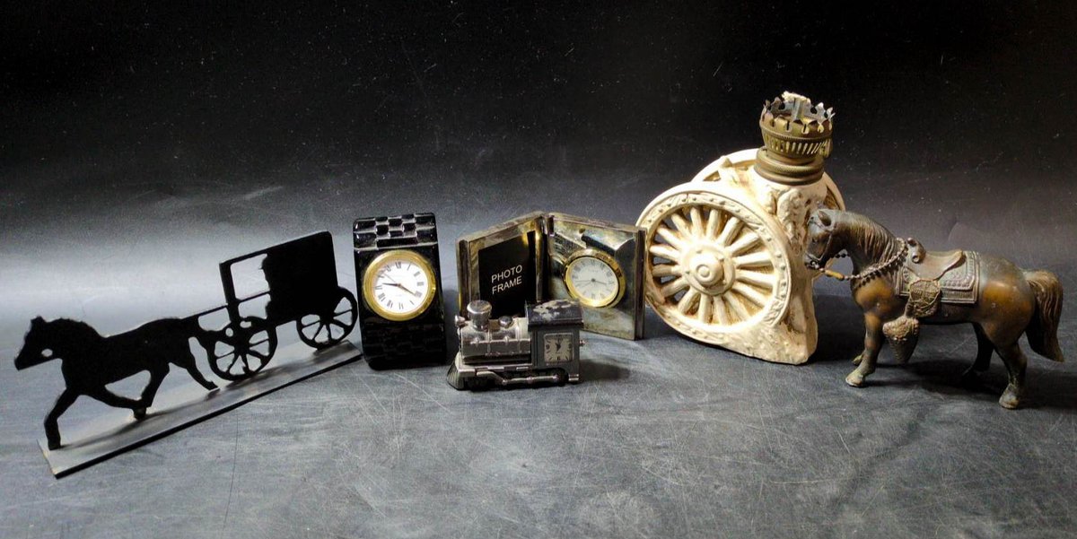 Clocks, Miniatures, and Decorative Horse Carriage and Lamp