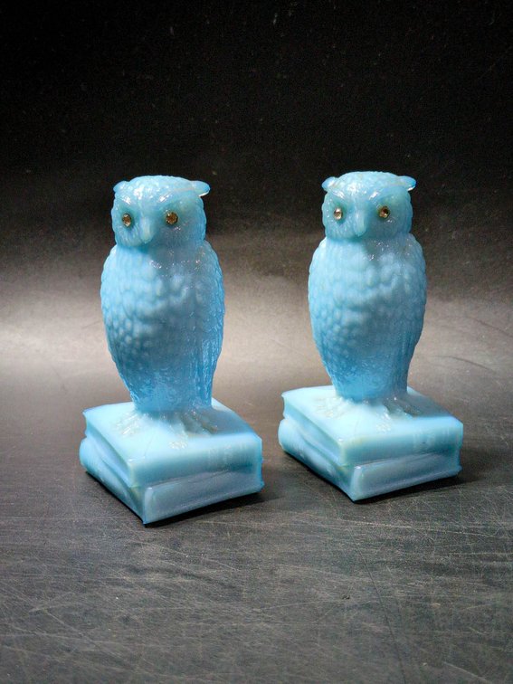 Light Blue Glass Owl Figurines on Book Bases