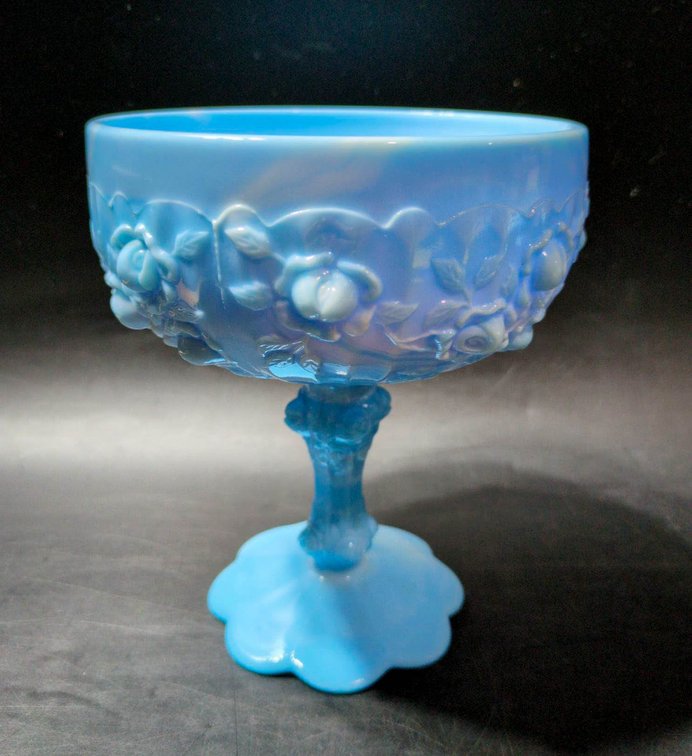 Blue Opaque Glass Compote Dish With Floral Design