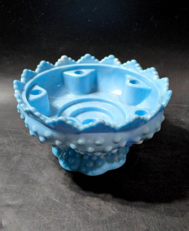 Blue Hobnail Candle Bowl With White and Blue Swirling
