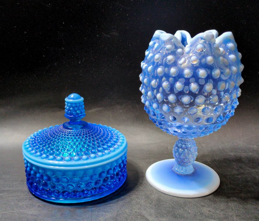 Blue Opalescent Hobnail Glass Compote and Lidded Candy Dish Set