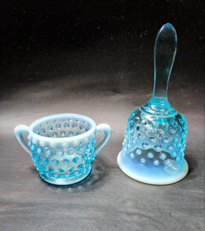 Blue Opalescent Hobnail Glass Bell and Sugar Bowl Set