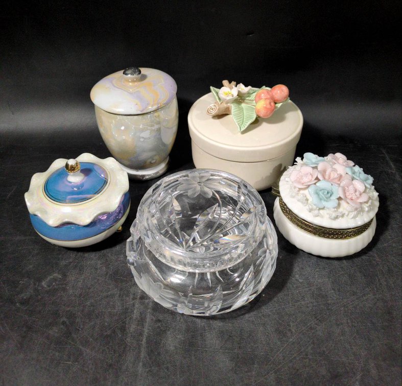Five Decorative Lidded Trinket Boxes, Various Materials