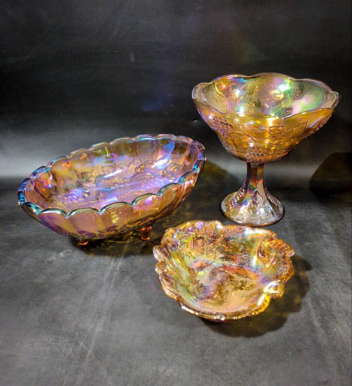 Three Iridescent Glass Bowls, Including Footed Pedestal