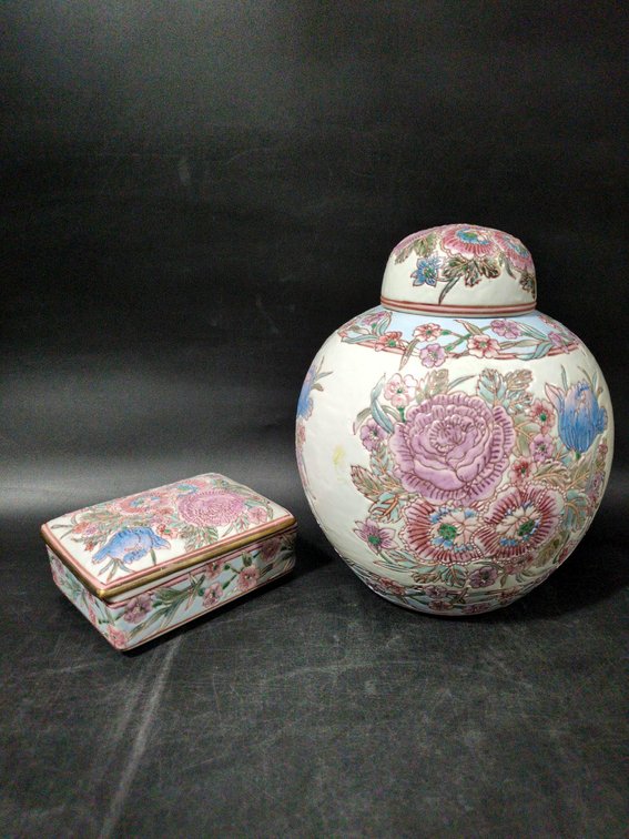 Decorative Porcelain Jar and Rectangular Box with Floral Motif