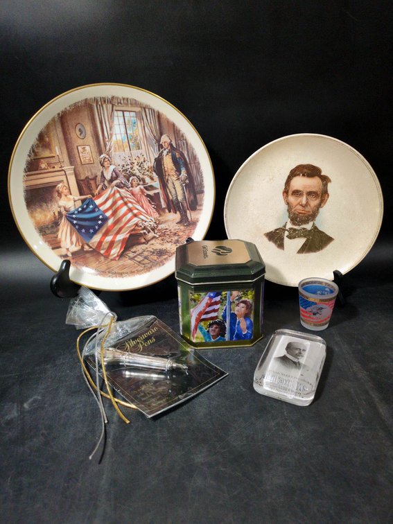 American Historical Memorabilia Including Plates, Paperweight, and Tin