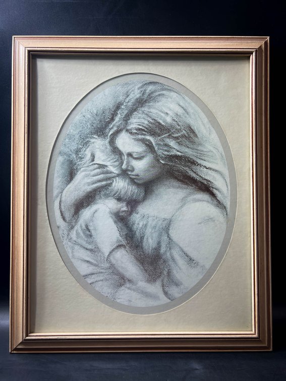 Framed Oval Sketch of a Mother and Child in Gold-Toned Wooden Frame