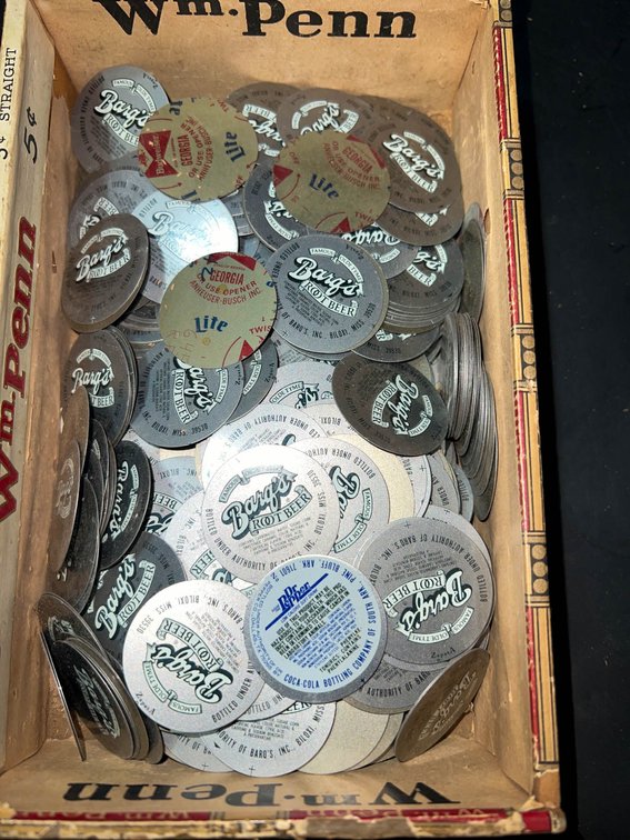 Barq’s Root Beer Aluminum Soda Bottle Caps in Wooden Box