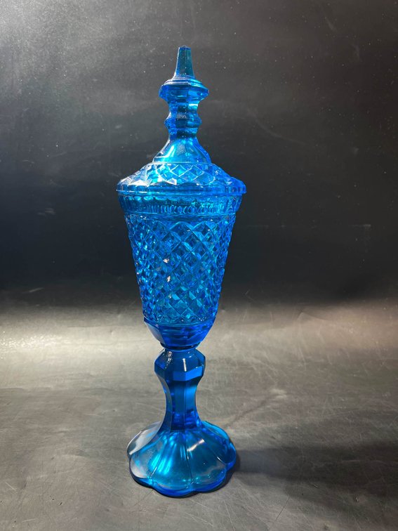 Blue Pressed Glass Covered Pedestal Candy Dish