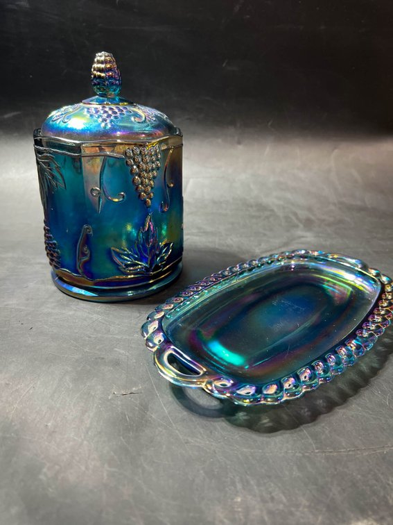 Iridescent Blue Carnival Glass Set with Lidded Jar and Tray