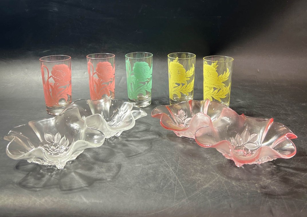 Glassware with Etched Floral Designs and Decorative Bowls