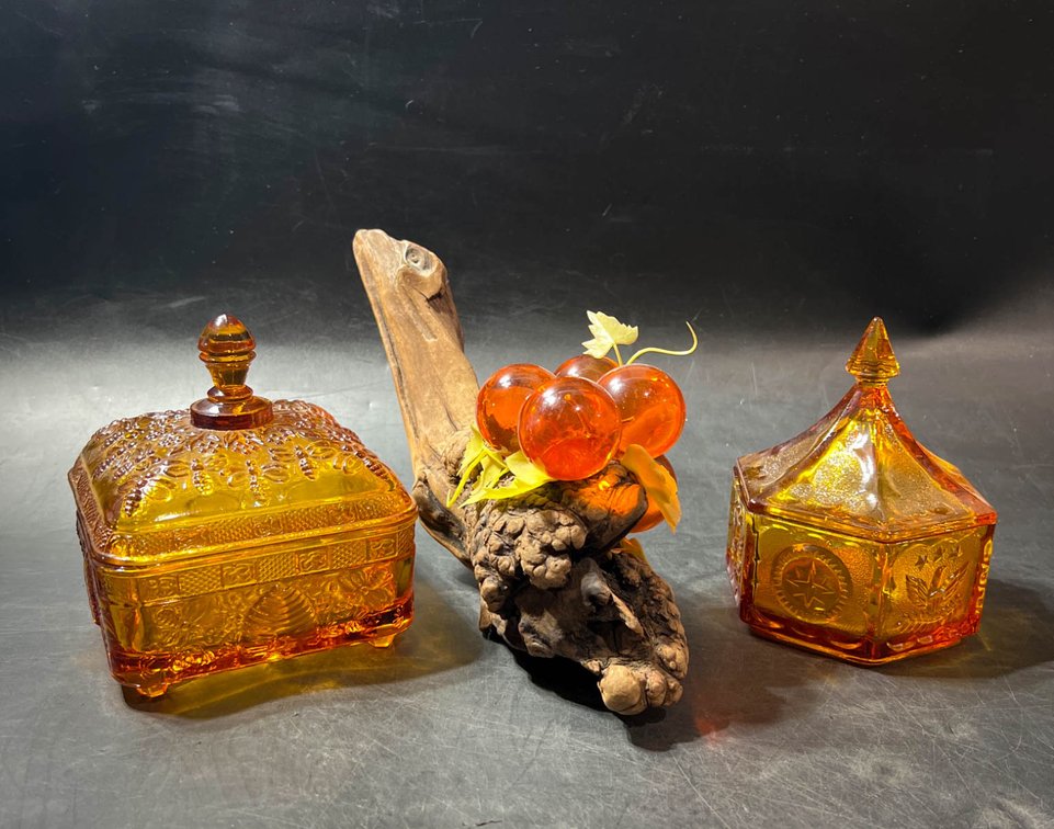 Amber Glass Trinket Boxes and Decorative Grape Accent Lot