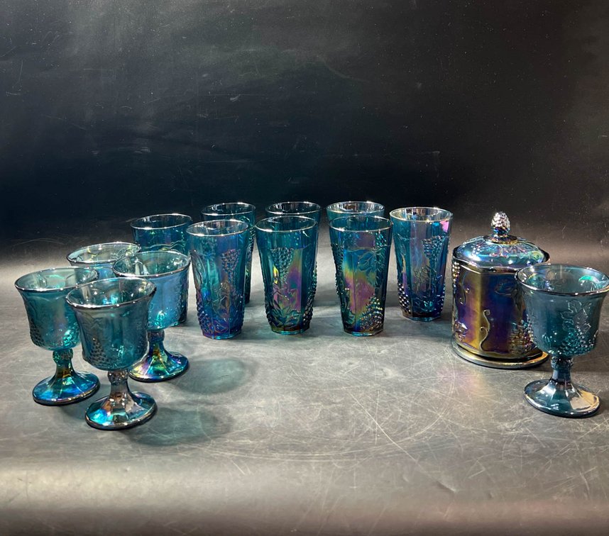 Blue Carnival Glass with Grape and Vine Motif