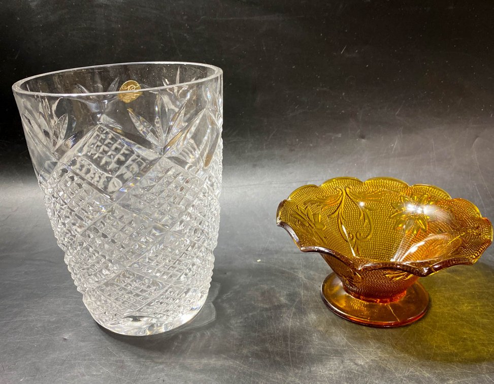 Tiara Exclusives Crystal Vase and Amber Glass Bowl Set with Original Boxes
