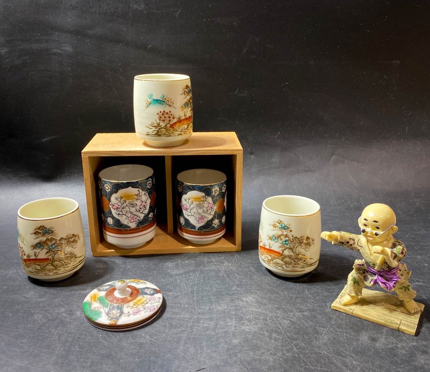Decorative Porcelain Teacups and Figurine with Wooden Box