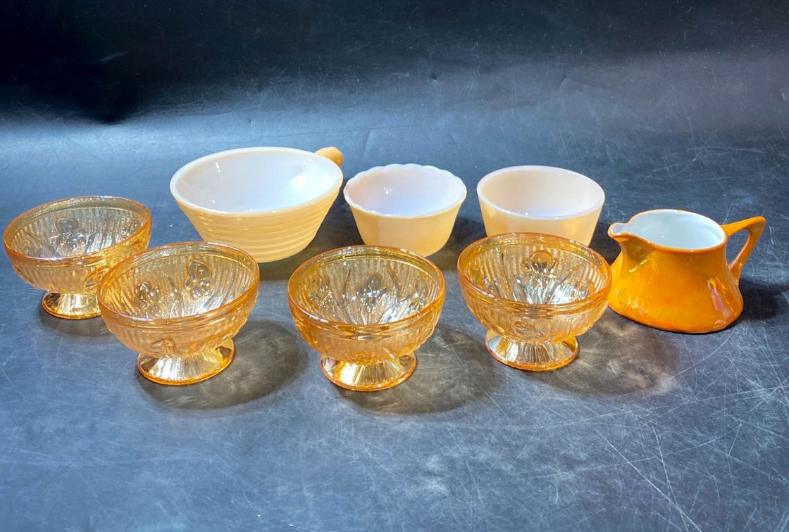 Amber Glass Bowls, Milk Glass Cups, and Orange Creamer