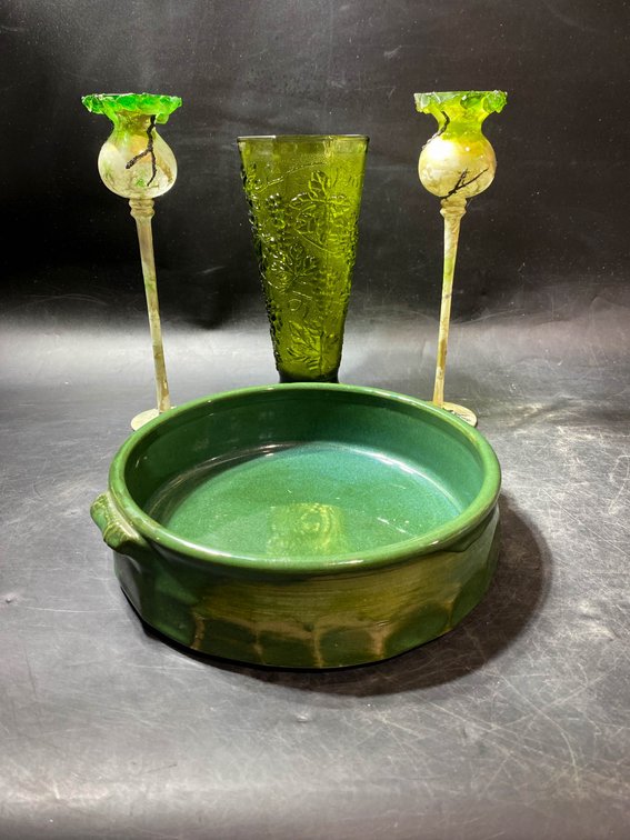 Green Glass and Ceramic Home Decor Lot with Candlesticks, Vase, and Dish