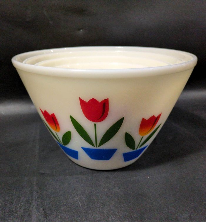 Four Fire-King Milk Glass Mixing Bowls with Tulip Design