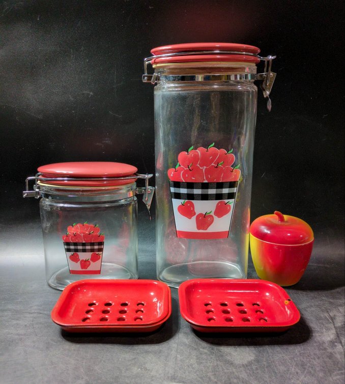 Glass Canisters, Trays, and Apple-Shaped Dish