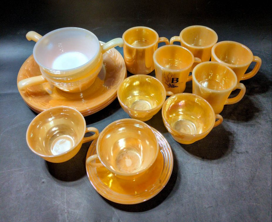 Fire-King Peach Lustre Dinnerware Assortment with Cups, Saucers, and Plates