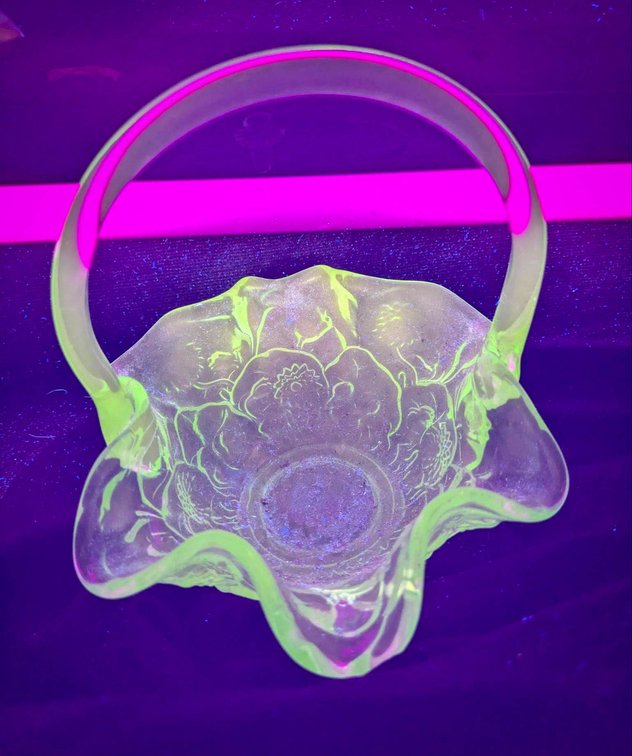 Green Vaseline Glass Basket with Handle and Floral Design