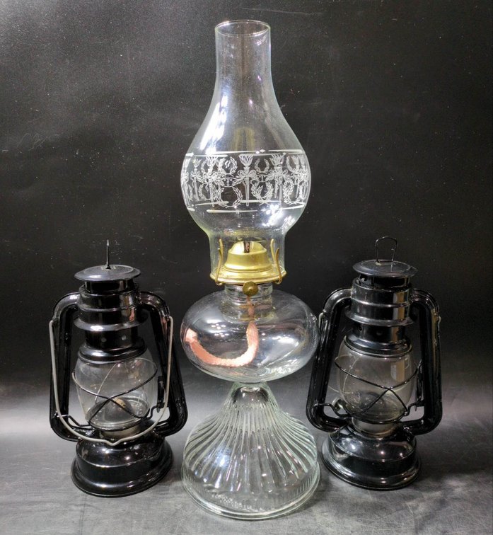 Three Oil Lanterns with Glass and Metal Features