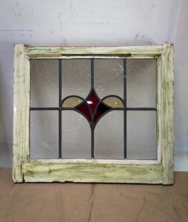 Leaded Stained Glass Window with Red and Amber Diamond Design