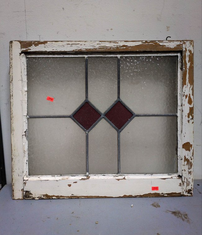 Stained Glass Window with Wooden Frame and Red Diamond Detail