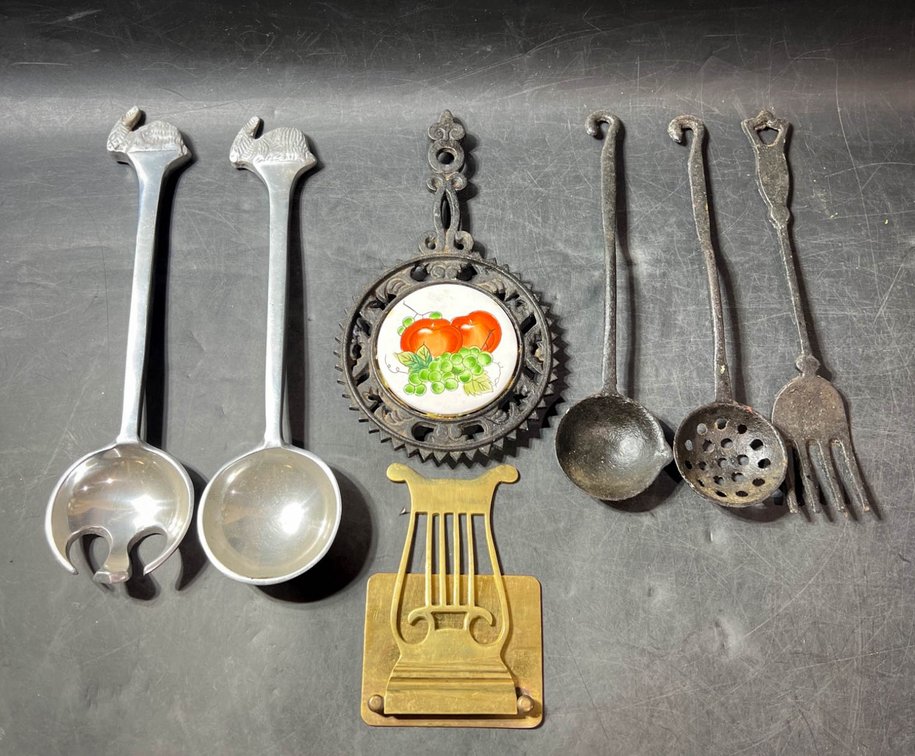 Kitchen Implements and Brass Cookbook Rest