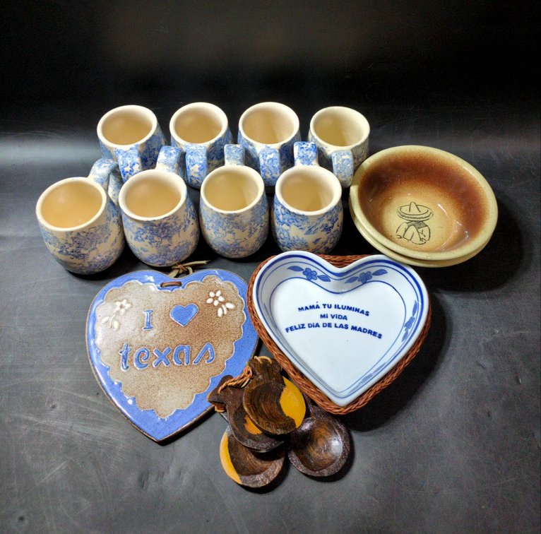 Decorative Pottery, Ceramic Cups and Bowls, and Wooden Castanets