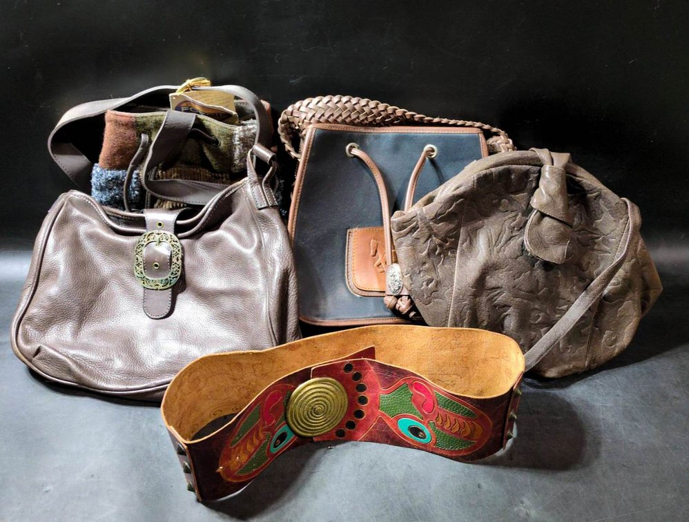 Fossil Handbags, Two Unbranded Handbags and Leather Belt with Decorative Designs