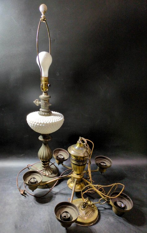 Table Lamp and Chandelier Set with Metal and Milk Glass Elements