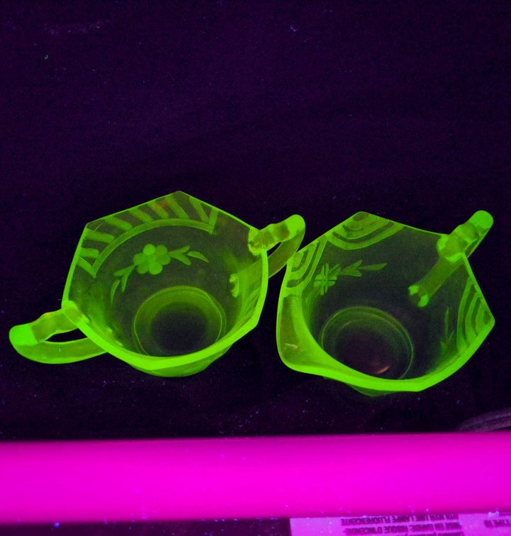 Hexagonal Vaseline Glass Creamer and Sugar Bowls with Etched Design