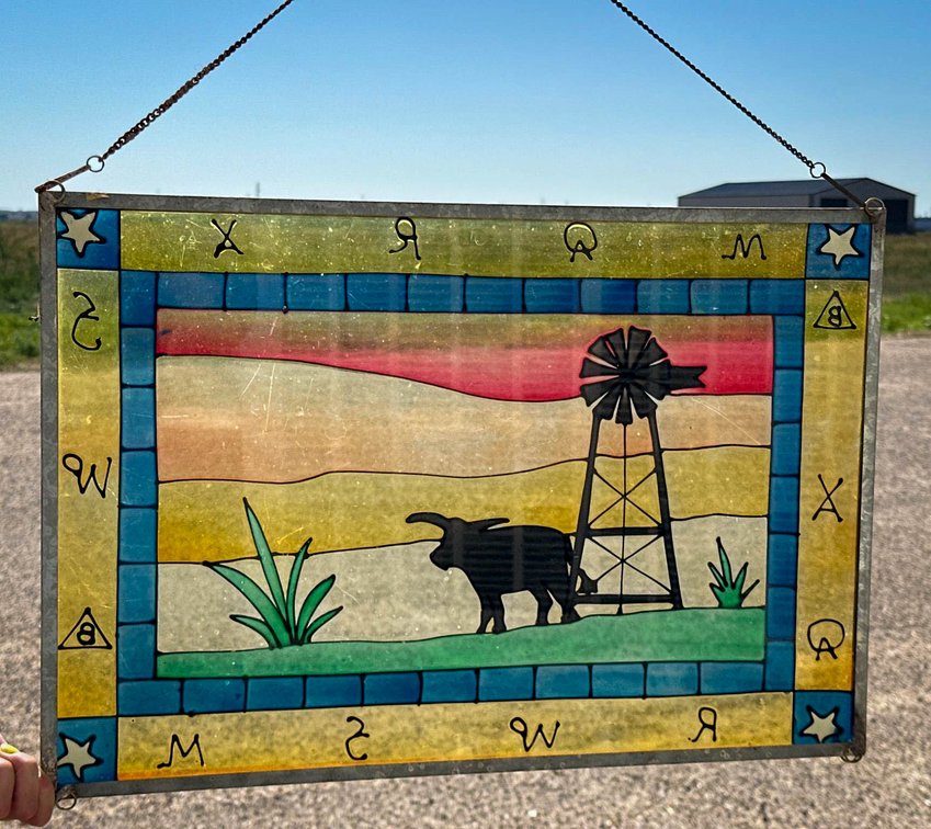 Stained Glass Panel With Windmill and Cow Design, 23×16 Inches