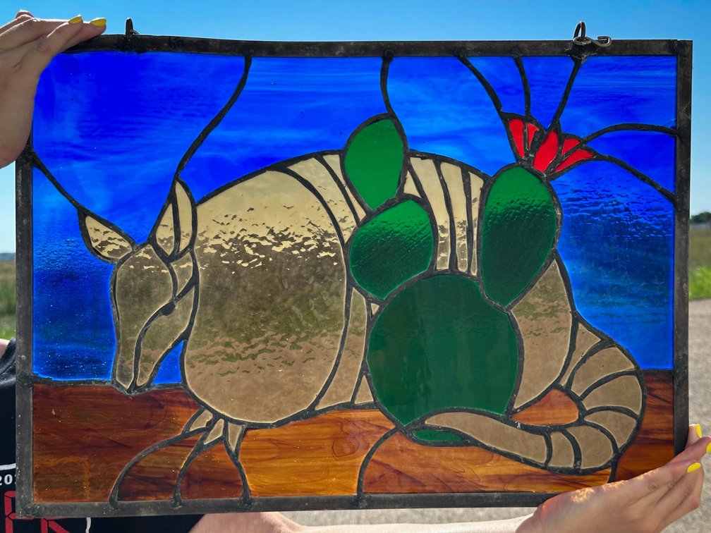 Stained Glass Panel Depicting Armadillo and Cactus, 22×15