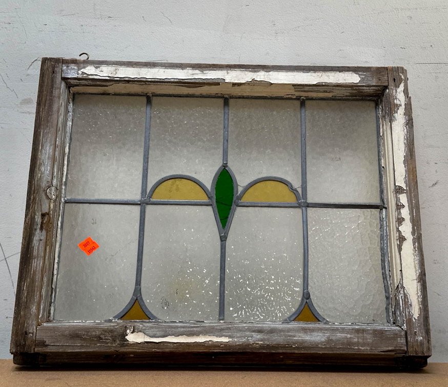 Leaded Glass Window Panel with Wooden Frame, 23×18 Inches