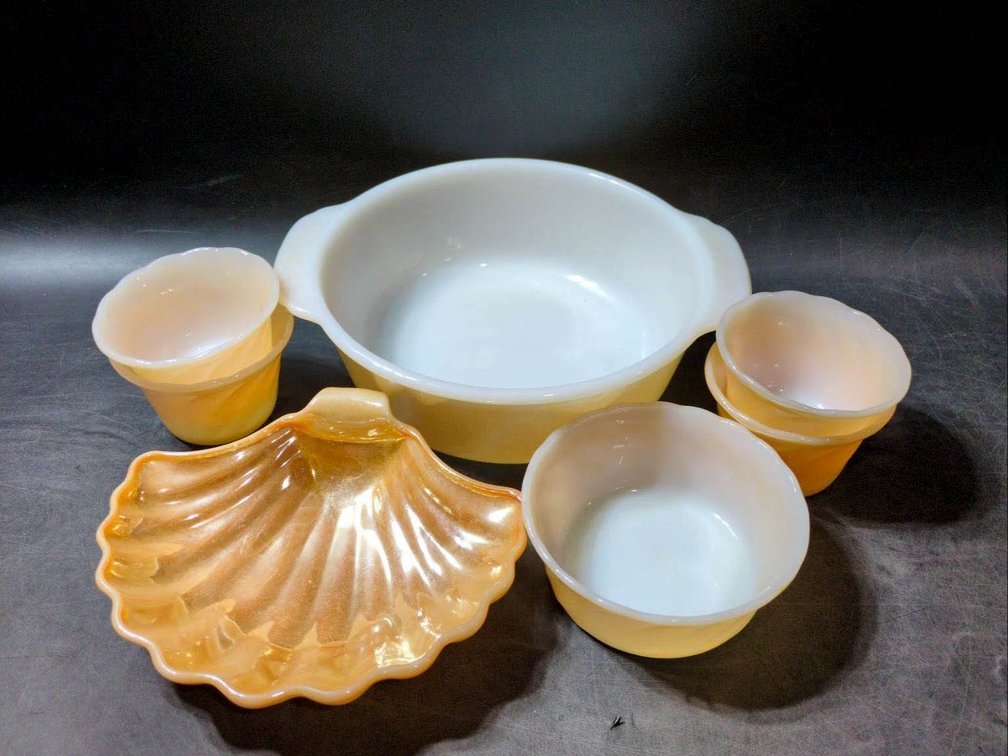 Anchor Hocking Fire-King Peach Luster and Milk Glass Dish Set