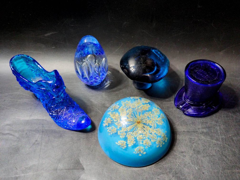 Decorative Blue Glass Collectibles Including Shoe, Top Hat, and Paperweights