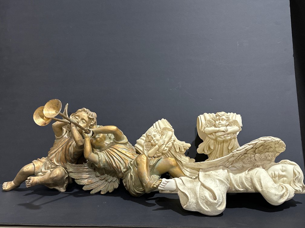 Resin Cherub Figures With Trumpets, Angle Wall Mounts and Sleeping Angel