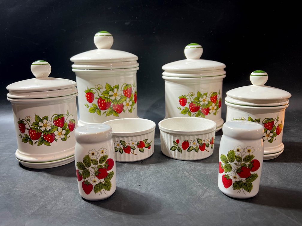 Strawberry-Themed Ceramic Kitchen Canisters and Shakers