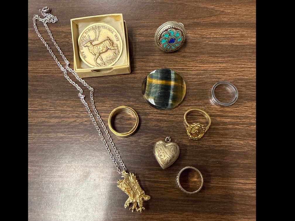 Chip Inlay Adjustable Ring, Tiger Eye Cabochon, and Assorted Jewelry Lot