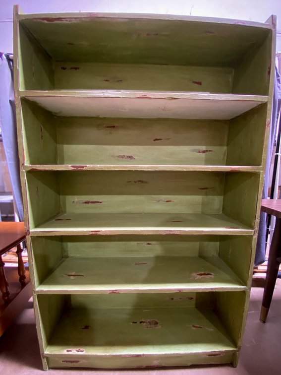 Green Wooden Five-Shelf Open Bookcase with Distressed Finish