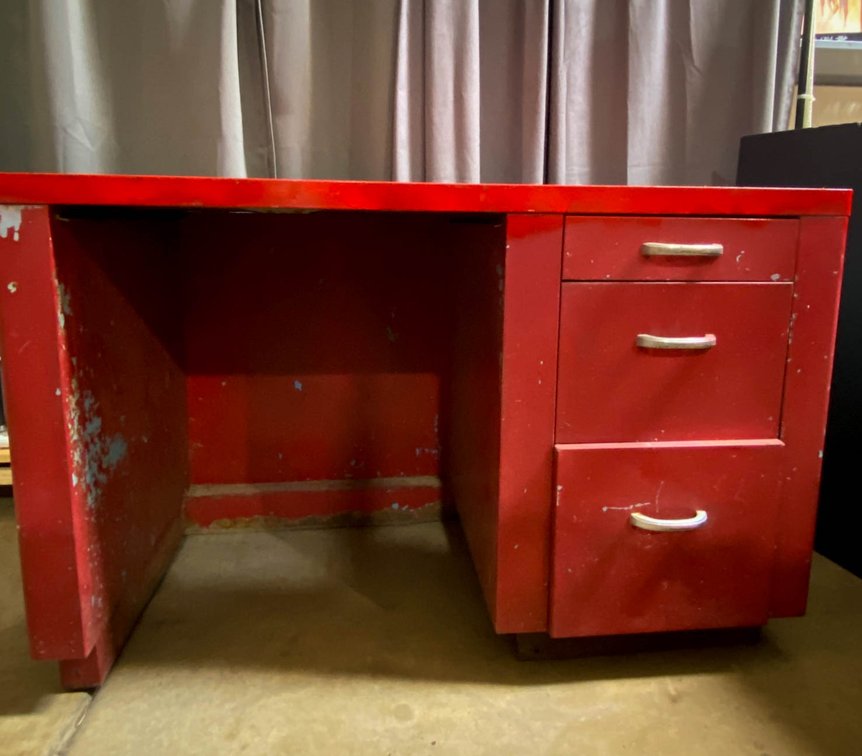 Red Metal Desk With Three Drawers