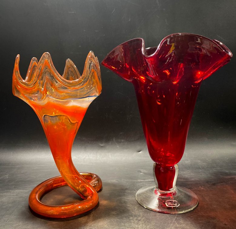 Two Handcrafted Art Glass Vases: Bischoff Ruby Red and Orange Twisted Piece