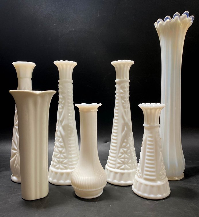 White Milk Glass Bud Vases, Set of 7