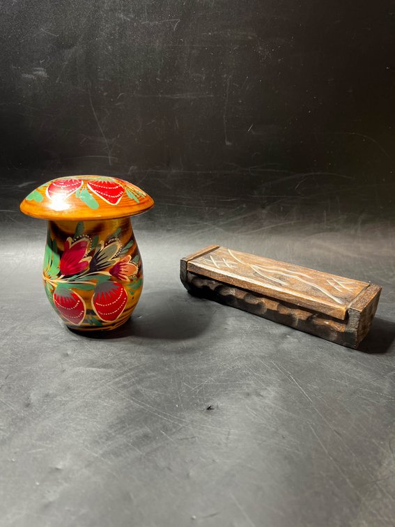 Hand-Painted Wooden Piggy Bank and Carved Wooden Sliding-Lid Box