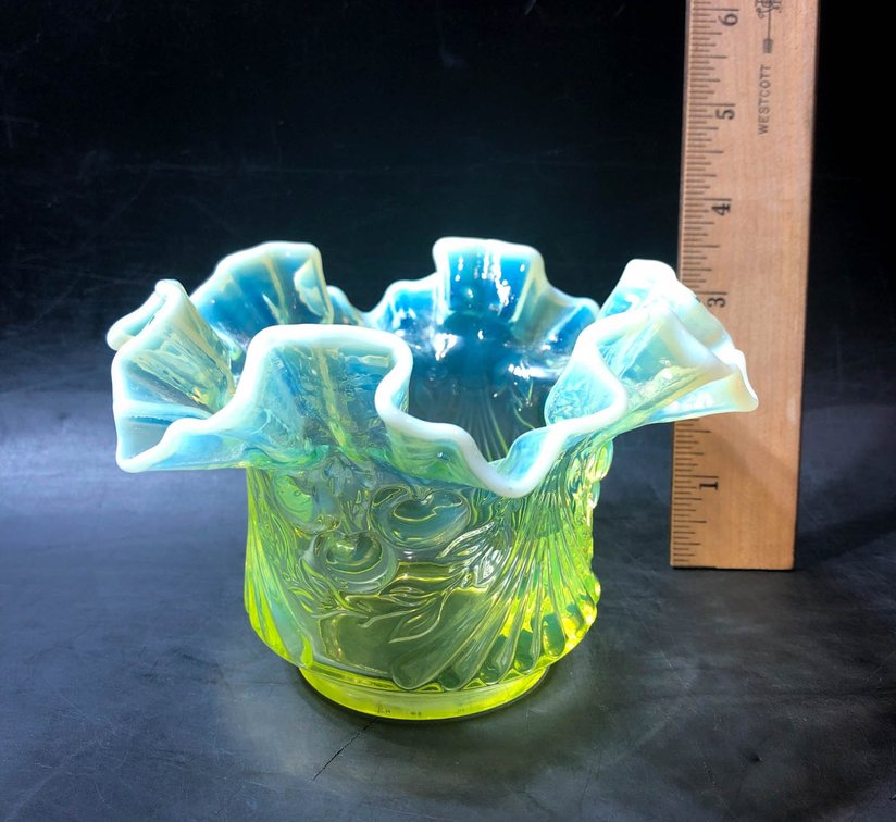 Uranium Glass Ruffled Edge Bowl with Opalescent Rim
