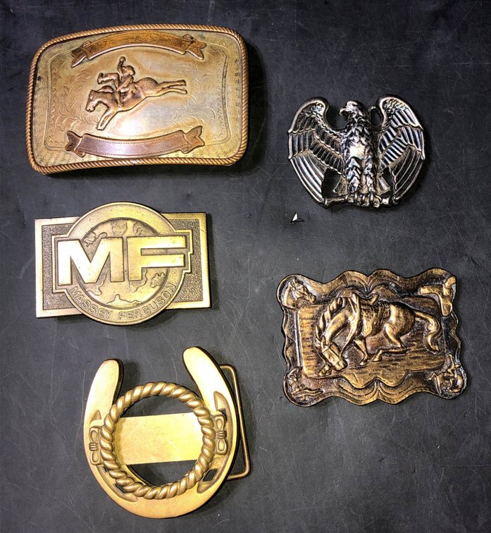 Five Western-Style Belt Buckles Including Massey Ferguson