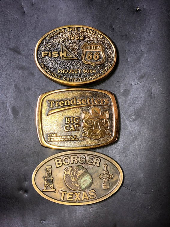 Three Solid Brass Belt Buckles – Fish Phillips 66, Trendsetter Big Cat, Borger Texas