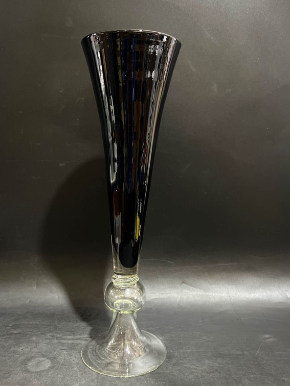 Tall Black and Clear Glass Vase with Hourglass Base